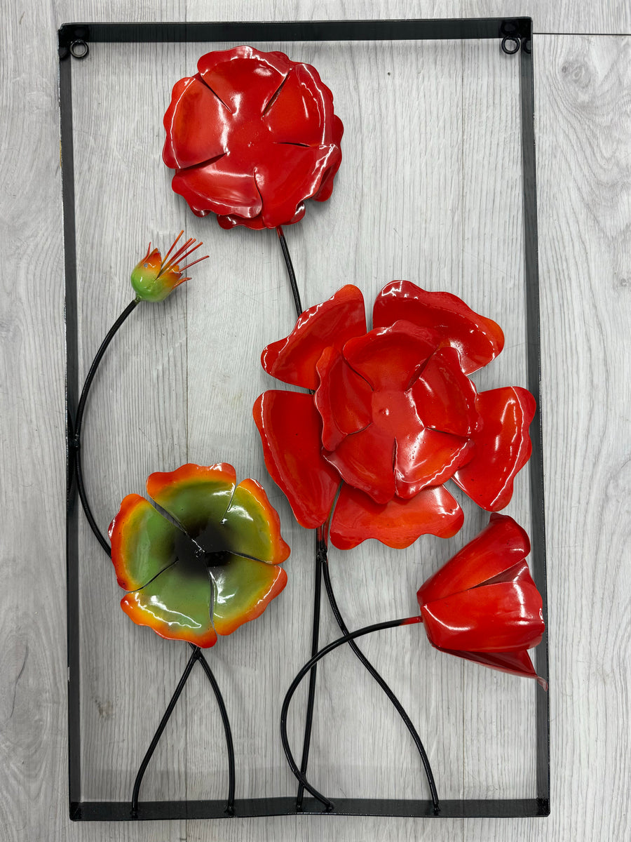 3D Red Framed Poppy Metal Wall Art 50cm Handmade Artwork