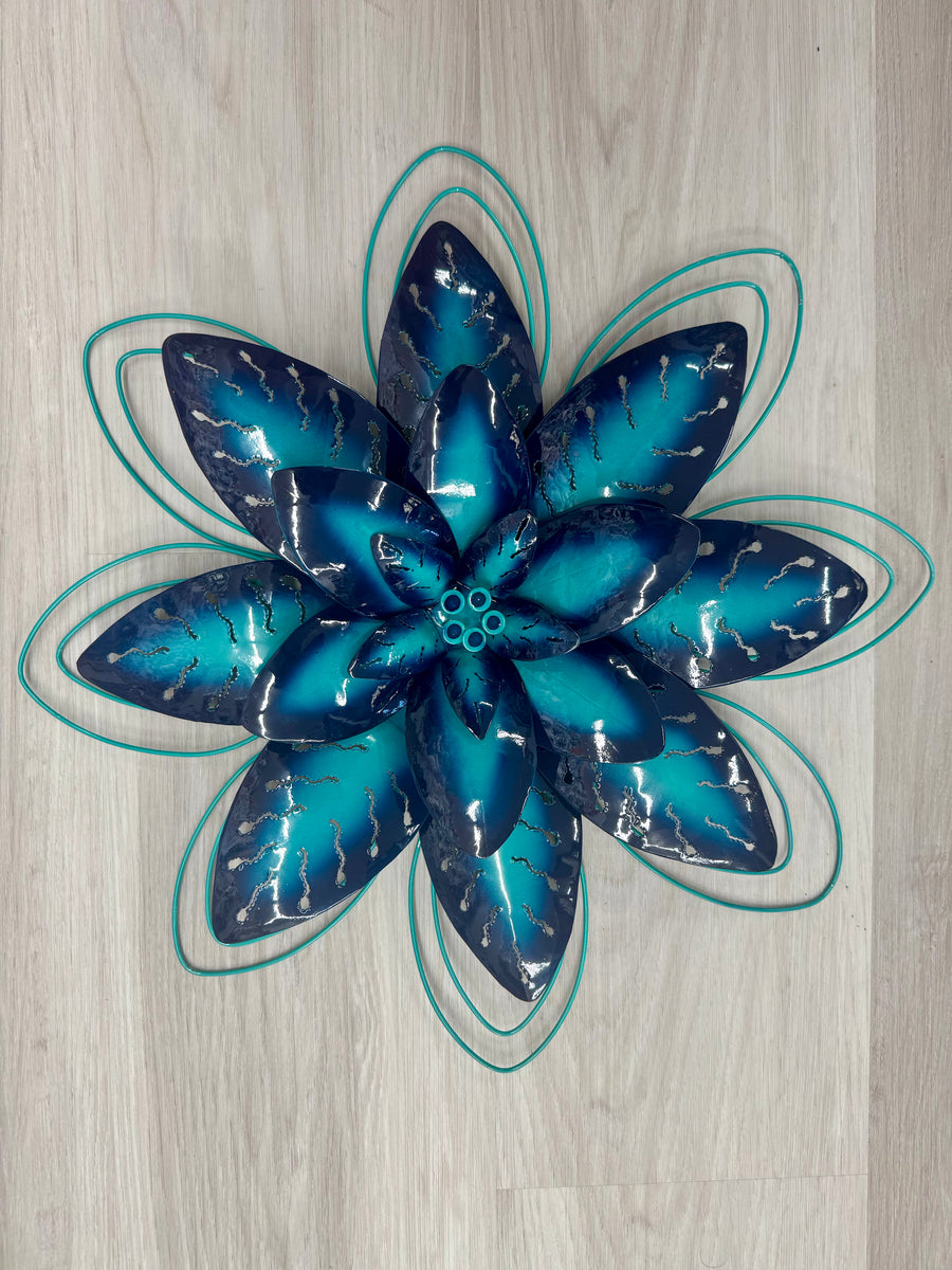 Lotus Flower Double Blue/Silver 3D With Metal Trim Metal Wall Art 40cm