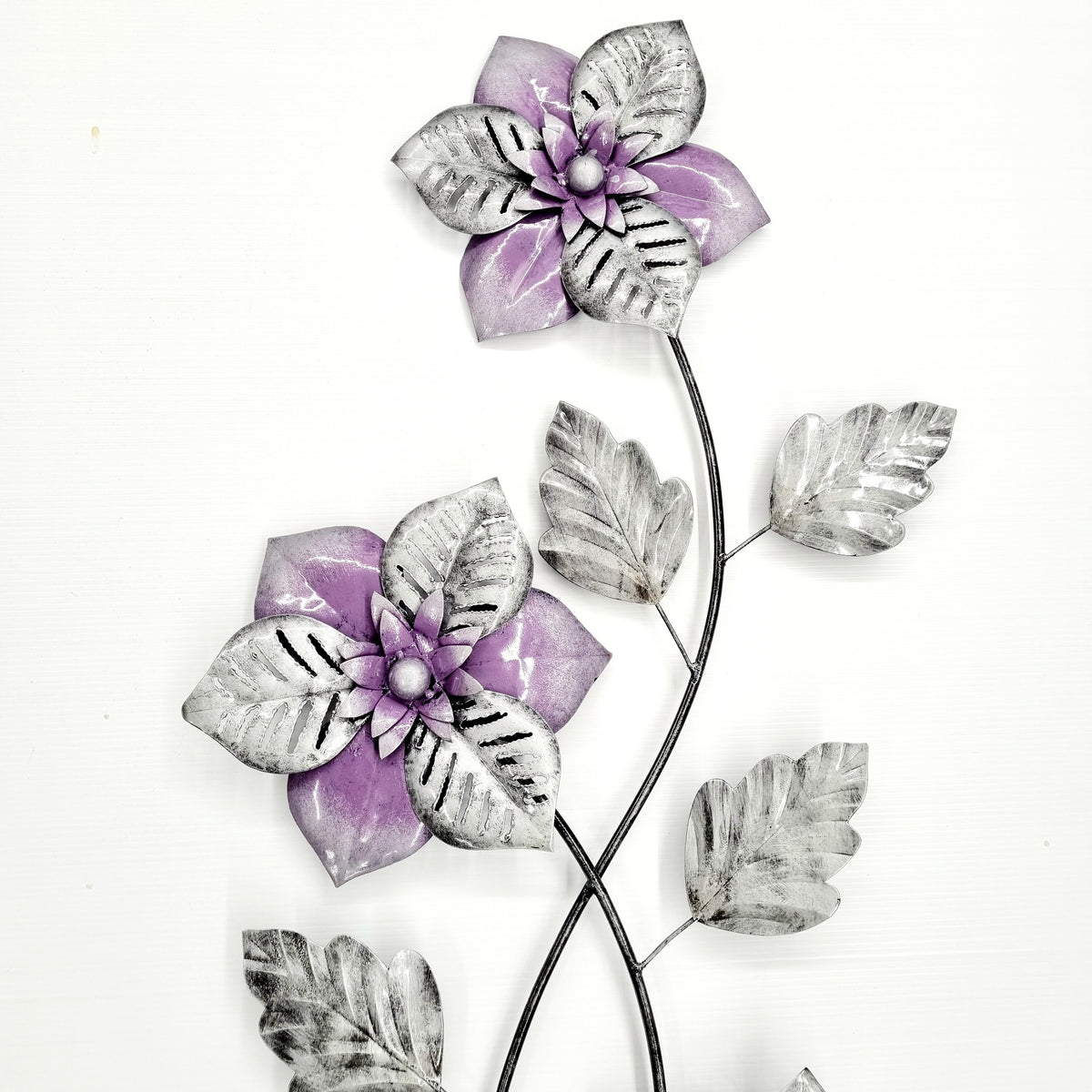 Purple & Silver Flower Stem Metal Wall Art 100cm Handmade