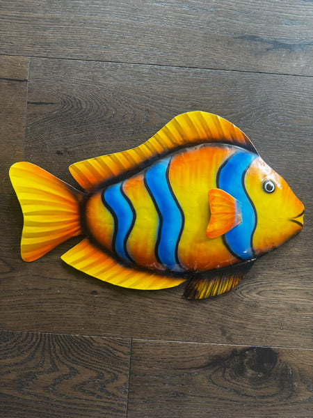 Colourful Yellow & Blue Striped Fish Metal Wall Art 40cm - LAST ONE