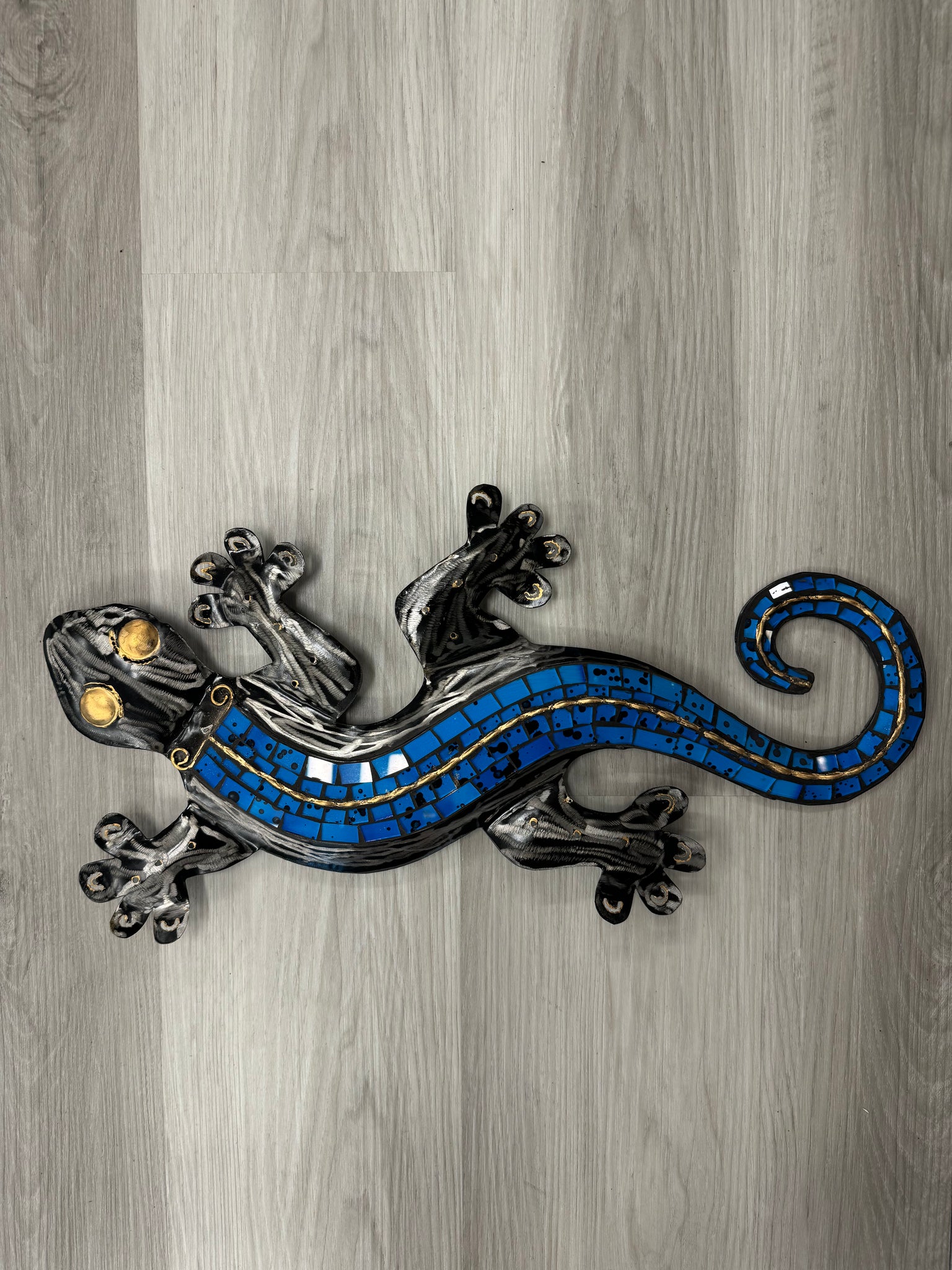 Mosaic Ghecko Lizard Blue/Black Metal Wall Art 52cm - LAST ONE