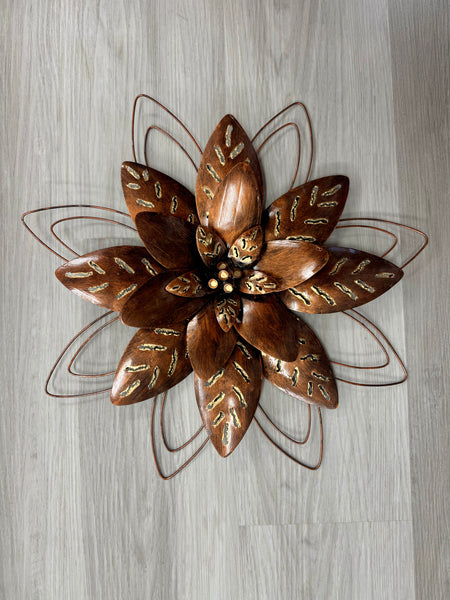 Lotus Flower Double Blue/Silver 3D With Metal Trim Metal Wall Art 40cm Diameter