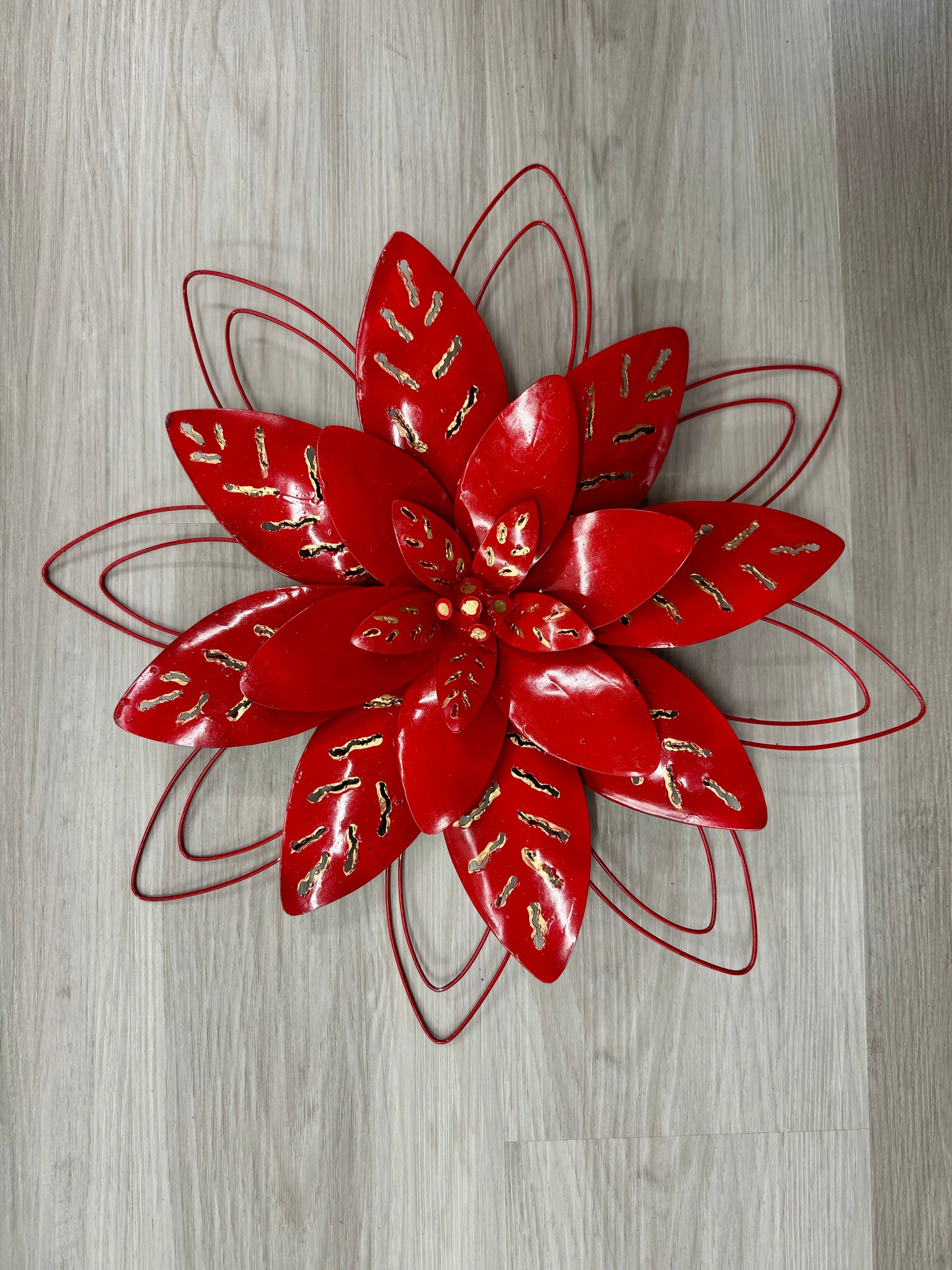 Lotus Flower 3D Red/Gold with Metal Trim Metal Wall Art 40cm - LOW STOCK