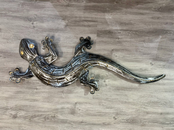 Ghecko Lizard Silver Metal Wall Art 102cm Large - LOW STOCK