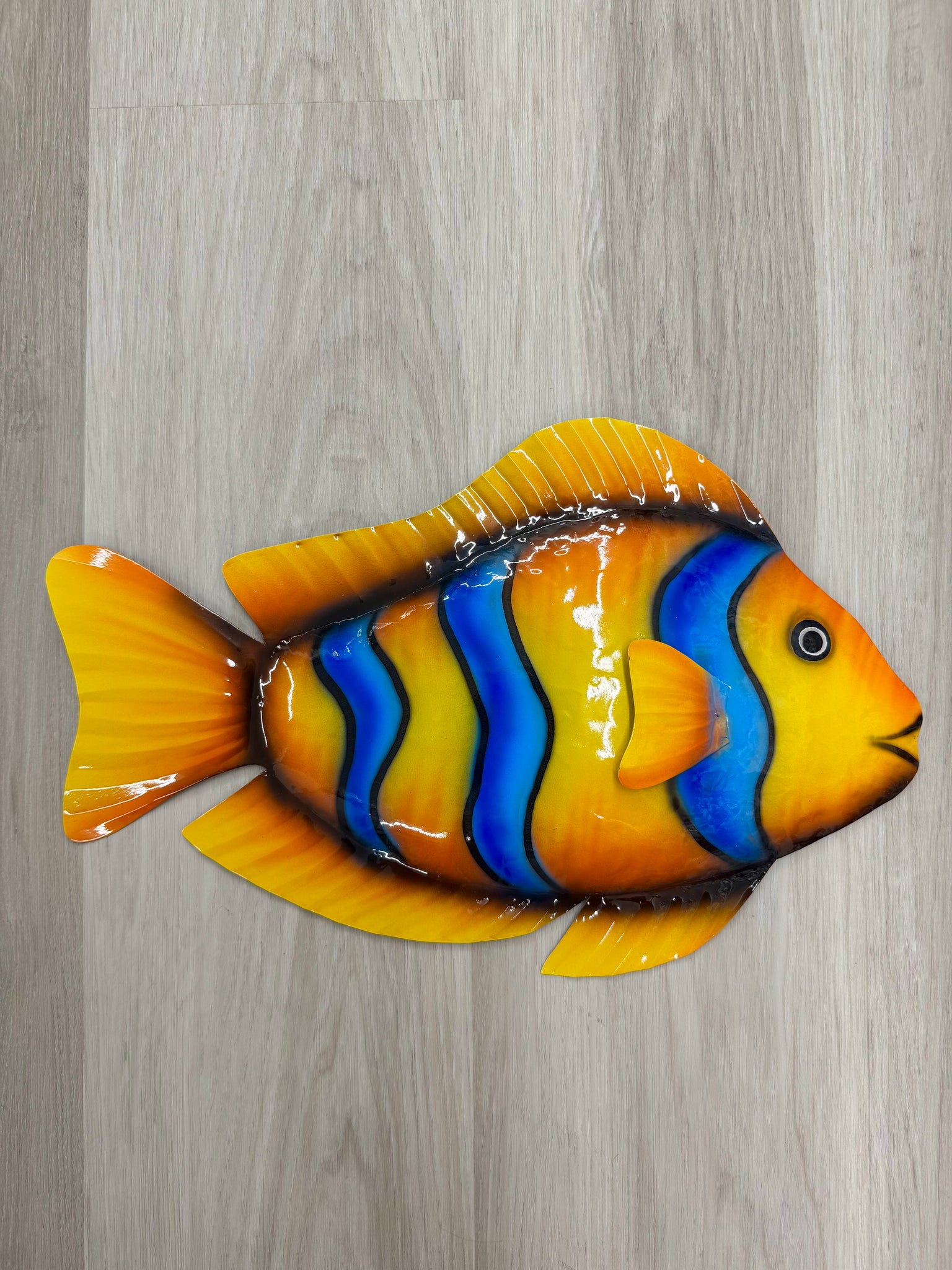 Colourful Yellow & Blue Striped Fish Metal Wall Art 40cm - LAST TWO