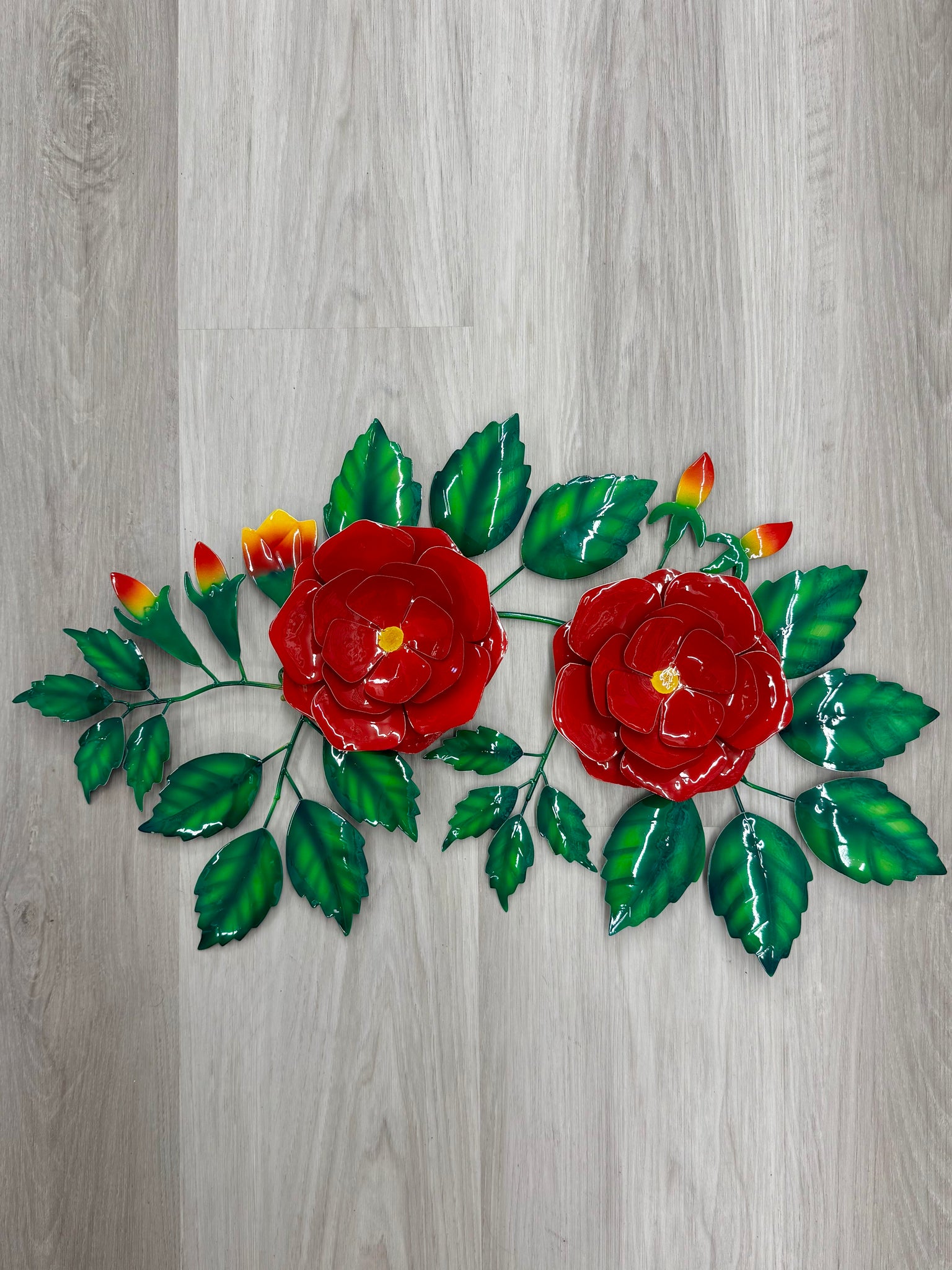 Red Rose Pair with Leaves Metal Wall Art 56cm - LAST ONE